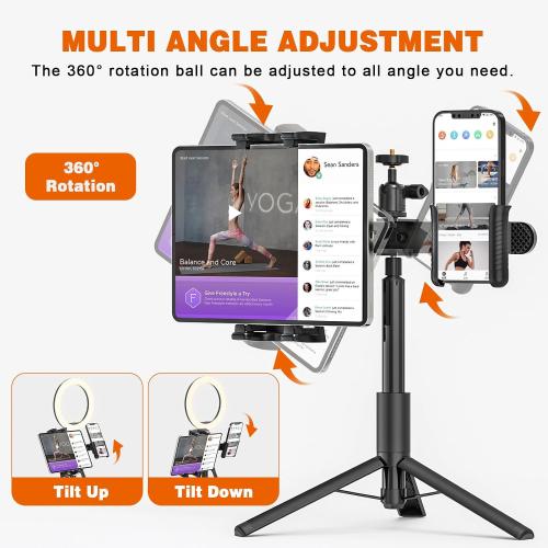 iPad Tripod Mount Adapter with 1/4 Ball Head for LED Ring Light, Microphone, and 2 Clamp Mount for iPad mini, Air, All 4.7-12.9 Lightweight Tablets and Smartphones
