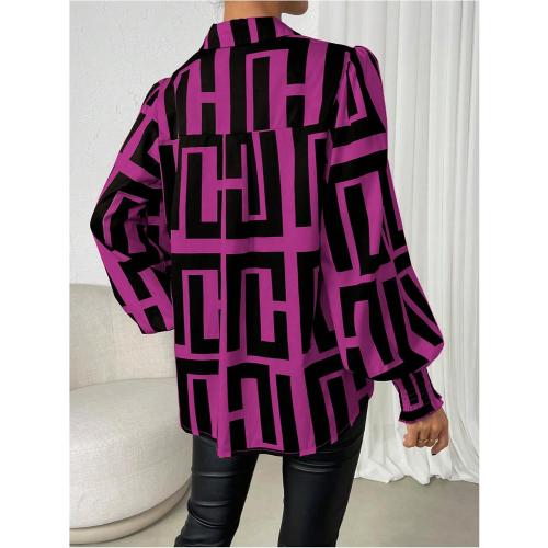 SweatyRocks Women's Graphic Print Long Lantern Sleeve Collar Neck Button Front Blouse Shirt Top Medium