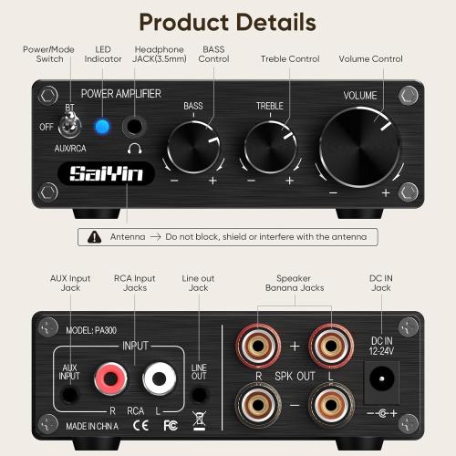 Saiyin Power Amplifier Home Audio, 80W x 2 Stereo Bluetooth Amplifier Receiver 2.0 Channel Mini Hi-Fi Class D Integrated Amp with Headphone Jack, Bass/Treble Control for Home Speakers