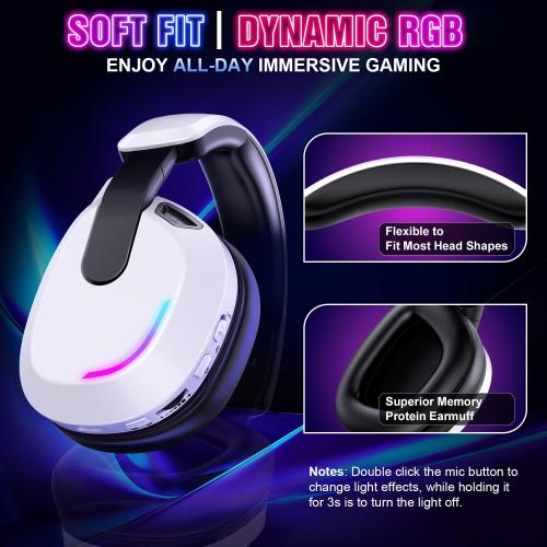 Wireless Gaming Headset for PS5 PS4 PC Switch Mac - RGB Over-Ear Headphones with Noise Cancelling Mic, 60H Playtime, 7.1 Surround Sound, Bluetooth 5.4 & Memory Foam Ear Cushions