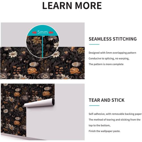 Vintage Floral Peel and Stick Wallpaper Dark Boho Botanical Removable Wallpaper for Renters Thick Waterproof Self Adhesive for Bedroom Bathroom Contact Paper for Home Decor (Black&Golden,15.7x118)