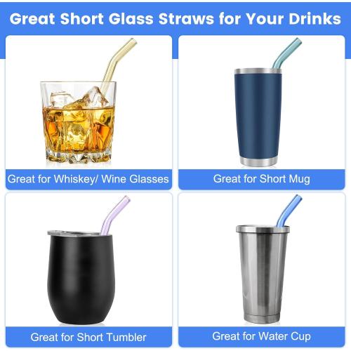 10 Pcs Reusable Bent Short Glass Straws,6''x10 mm Colorful Cocktail Glass Straws Shatter Resistant with 2 Cleaner Brush for Whiskey,Coffee,Juice,Soda Drinks,Teas