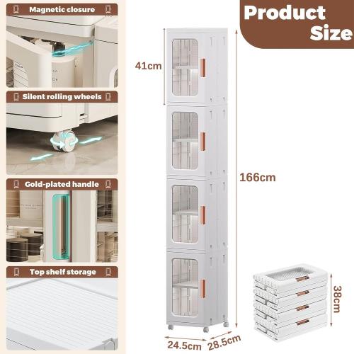 Tall Narrow Storage Cabinet with Movable Wheels, Adjustable Shelves & Magnetic Doors – Foldable Slim Plastic Organizer for Bathroom, Kitchen, Laundry, Ideal for Small Spaces(4-Tier,White)