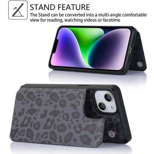 Color Black Cover for iPhone 13 Case with Card Holder, for iPhone 13 Wallet Case for Women Men, Stand and Strap,Leopard Grain Shockproof Protective Phone Cover-Black
