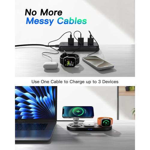Black Upgraded 3 in 1 Wireless Charging Station for Apple Devices, Faster Mag-Safe Charger Stand, Magnetic Charger Station for iPhone 16/15/14/13/12 Series & AirPods Pro & Apple Watch Series (Black)