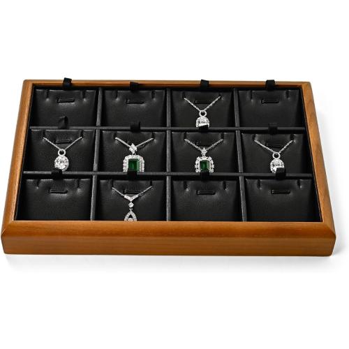 Oirlv Solid Wood 12 Grid Liner Pendant Jewelry Organizer Tray Jewelry Drawer Organizer(Black)