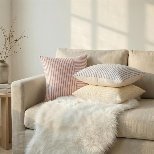 Set of 2 18x18 YCOLL Christmas Pillow Covers 18x18, Boho Throw Pillow Covers Set of 2, Red and Cream Striped Linen Decorative Pillows Cushion Covers for Couch Bedroom Christmas Decorations