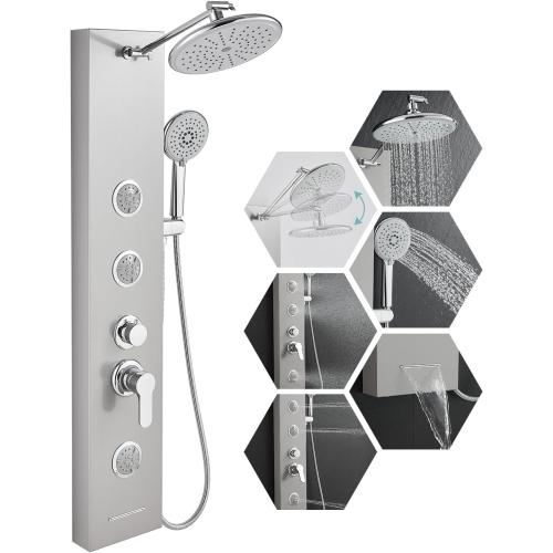 Shower Panel Tower System with Adjustable Shower Head, Self-Cleaning Shower Tower with 2-Setting Powerful Body Jets and 5-Function Handheld Shower, Shower Column Brushed Stainless Steel