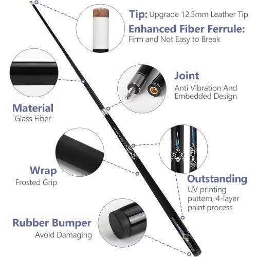 Glass Fiber Pool Cue Stick with Case Combo Set, 12.5mm Professional Pool Stick 58 Low Deflection Billiards Cue Stick 19 Oz Pool Cue Set for Men Adults Players
