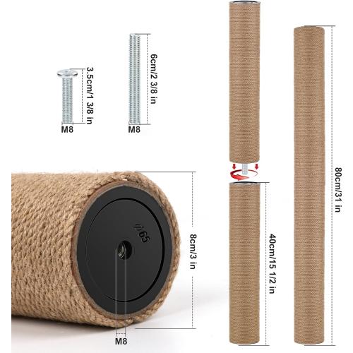 4 PCS M8 Cat Scratching Post Replacement, 15.7 x 3.1 Inches Cat Tree Replacement Post-Natural Jute Pole for Indoor Cats with M8 Screws, for Kitten Tree Tower Spare Cat Furniture Accessories
