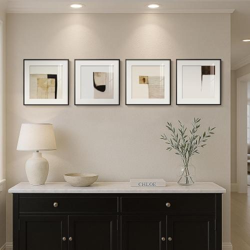 4 Piece Framed Neutral Abstract Wall Art Set, Tan and Black Geometric Modern Pictures Prints, Minimalist Luxury Paintings Artwork for Bedroom, Bathroom, Hallway and Living Room 12x12 Inch