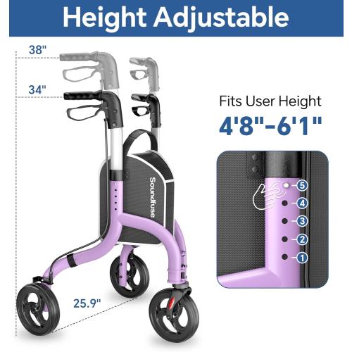 soundfuse Lightweight 3 Wheel Walkers for Seniors, Foldable Aluminum Frame | Weighs only 10.2lbs, Height Adjustable, Removable Storage Bag, Three Wheel Rollator Walker for Indoor and Outdoor Use