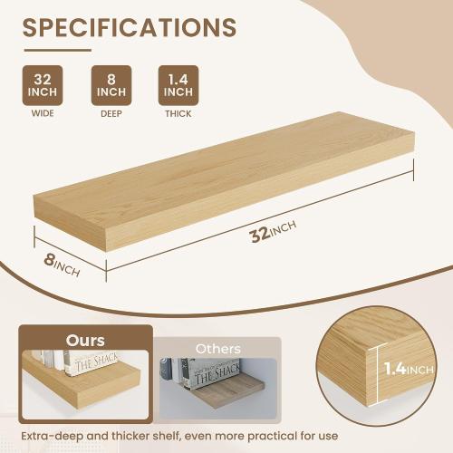 Dreamland 8 Deep Long Floating Shelves, 32 Inches Floating Shelves for Wall Set of 2, Large Display & Storage Shelf, Wall Shelf for Bathroom Bedroom Living Room Kitchen Office, Oak