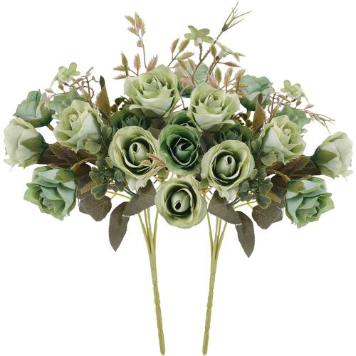 5 Stems 10 Heads Artificial Flowers Small Roses with Leaf Bouquet for Valentines Decoration Kitchen Wedding Office (2 Pack, Green)