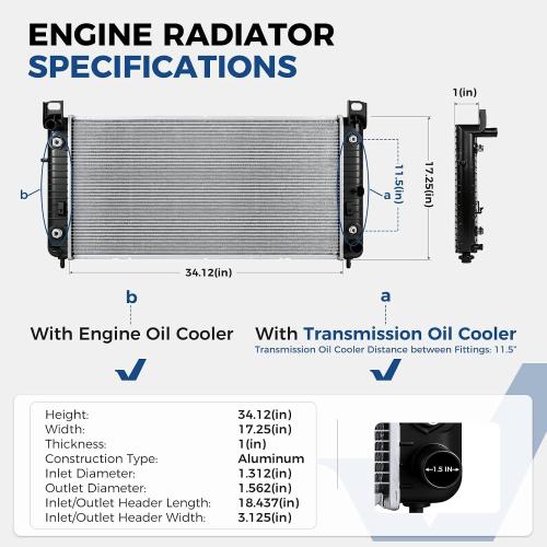 CU2370 34'' Engine Coolant Radiator Compatible with Chevy Silverado Suburban Tahoe GMC Sierra Yukon Cadillac Escalade 1996-2014 5.3 6.0 6.2 with EOC GM3010274