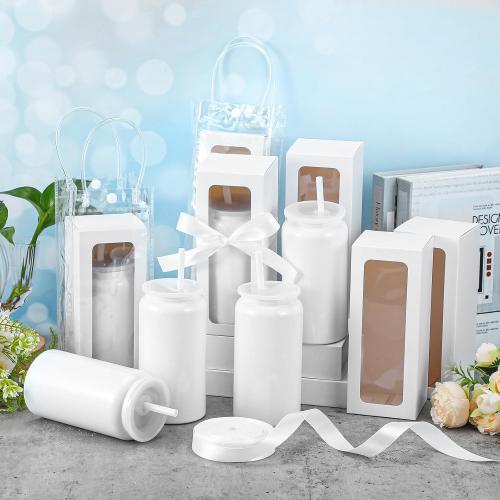 6 Set Sublimation Tumbler with Lid and Straw 16 oz Sublimation Insulated Cup Stainless Steel Cup with Packing Box Ribbon Transparent Handbag for Iced Coffee Juice Soda(White)