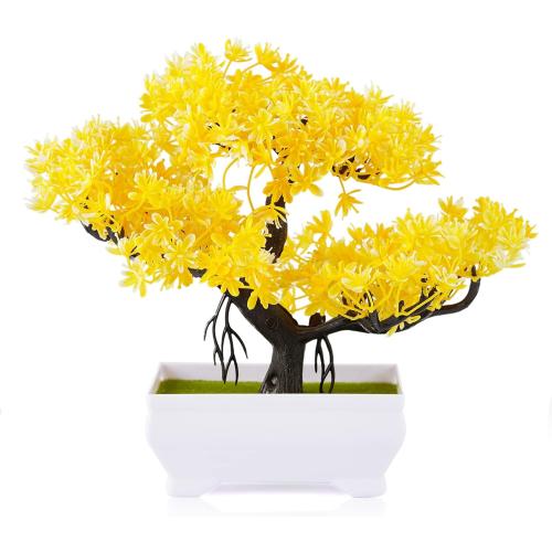 Mini Artificial Bonsai Tree with Cement Pot Home Decor, Yellow