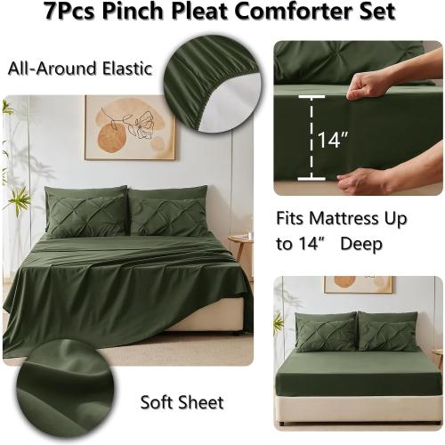 CozyLux California King Comforter Set Olive Green, 7 Pieces Cal King Pintuck Bed in A Bag, Pinch Pleat Bedding Sets with All Season Comforter, Flat Sheet, Fitted Sheet, Pillowcases & Shams