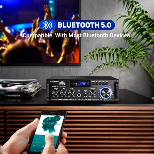 298Pro Stereo Audio Amplifier, Max 400W Home 2 Channel Bluetooth 5.0 Wireless Power Amplifier, HiFi Sound Home Theater Audio System Home Stereo Receiver, MIC in w/Echo, Bass & Treble w/USB/RCA/FM