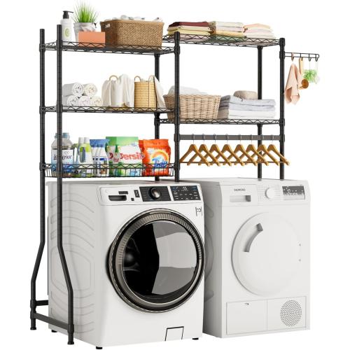 Golpart Over Washer and Dryer Shelves,Heavy Duty Laundry Room Storage Organization Clothes Drying Rack,5 Tier Adjustable Height Wire Shelving and Wire Basket with Hanger Rod&Hook,Space Saving Shelf | Heavy Duty, Clothes Drying Rack, Adjustable Height, Han