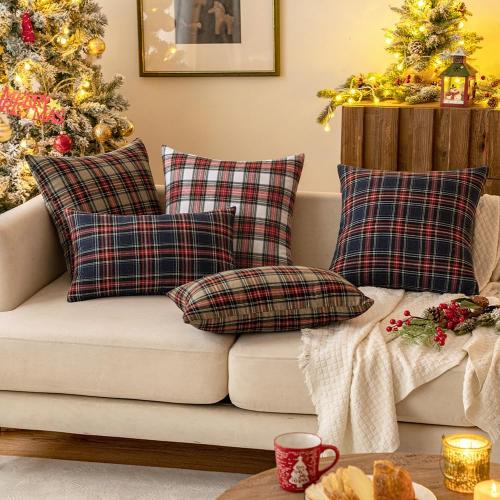 MIULEE Christmas Set of 2 Scottish Tartan Plaid Throw Pillow Covers Farmhouse Classic Decorative Outdoor Square Cushion Cases for Decor Sofa Couch 20x20 Inch, Blue
