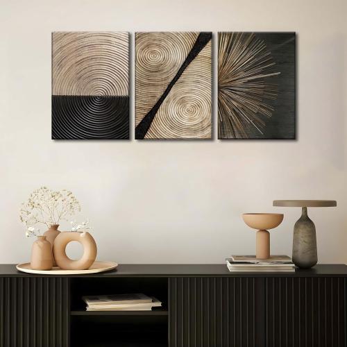 3Pcs Retro Wood grain Abstract Canvas Wall Art Minimalist Black Golden Line Texture Wall Decor Pictures Neutral Geometric Beige Brown Poster Prints for Living Room Bedroom Home Decoration 16x24in