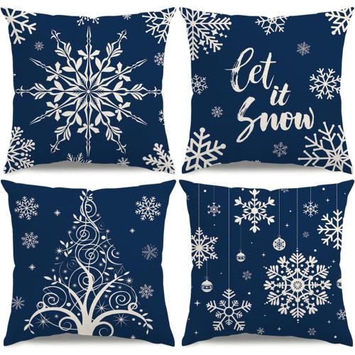 Christmas Pillow Covers 18x18 Blue Christmas Decorations Snowflake Throw Pillow Covers Xmas Tree Ornaments Winter Holiday Decor Cushion Case for Sofa Couch Set of 4