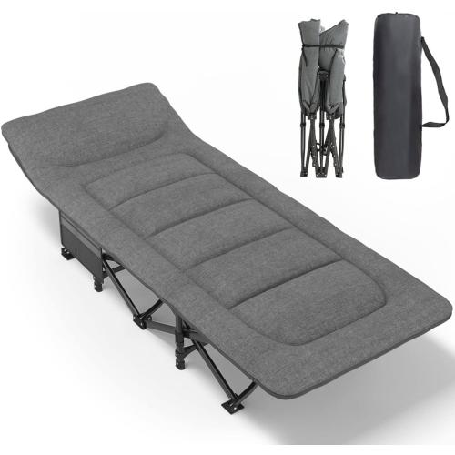ATORPOK Camping Cot for Adults with Cushion and Pillow, Portable Folding Bed for Sleeping, Lightweight Tent cot with Carry Bag Supports 450 lbs (Grey)