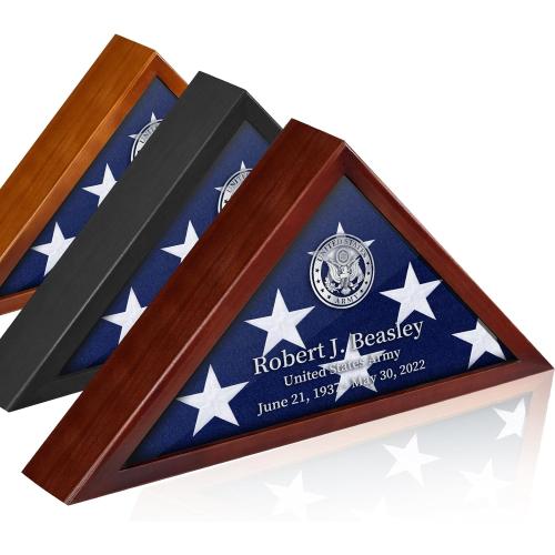 Mahogany Personalized Flag Case for Burial Flag DIY by Yourself, Glass Front Mahogany Display Case for 5'x9.5' Flag, Wall Mounted Custom Name Wood Shadow Box for Military with Metal Letters and Logo Stickers