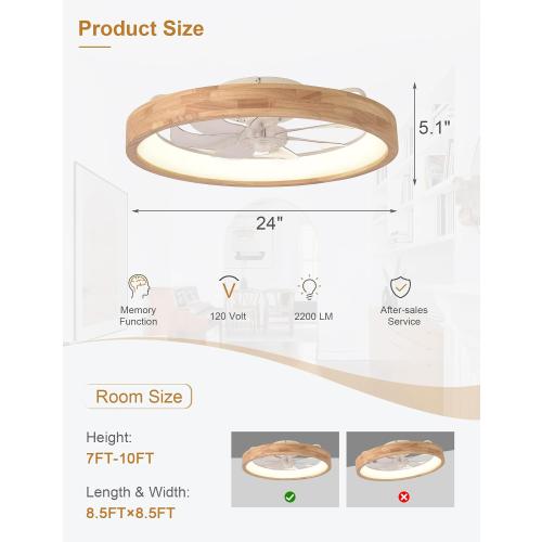 Low Profile Flush Mount Wood Fandelier Ceiling Fan with Light | Remote/APP, timer, memory, reversible, dimmable, 6 speeds; for bedroom, living room.