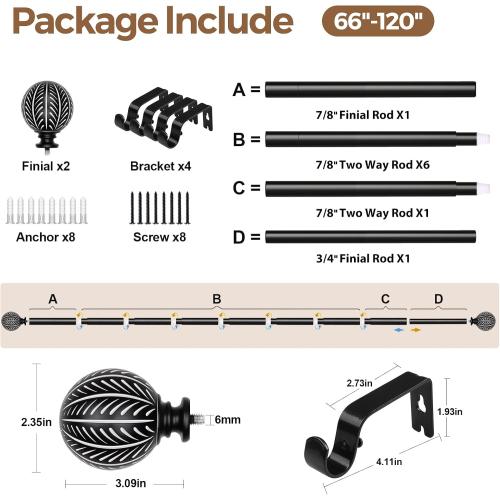 KAMANINA Black Curtain Rods for Windows 66 to 120 Inch Heavy Duty