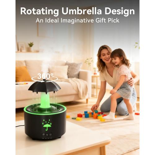 3-in-1 Rain Drop Humidifier & Essential Oil Diffuser with 360 Ratation Waterfall/Whisper Rain Sound/Cool Mist/ 7 Mood Lights, Umbrella Design Humidifiers for Bedroom Home Living Room (Black)