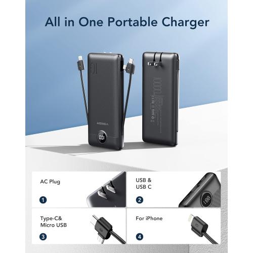 VEGER Portable Charger with Built-in AC Plug and Cables, All in One 10000mAh Ultra Slim Power Bank Travel Essentials, Fast Charging Battery Pack Compatible with iPhone, Samsung, Android (White**)