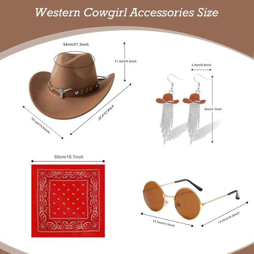 Cowgirl Outfits Costume for Girls 6 Pcs Kids Western Outfit Cowboy Hat Tassel Fringe Vest Earring for Halloween Party