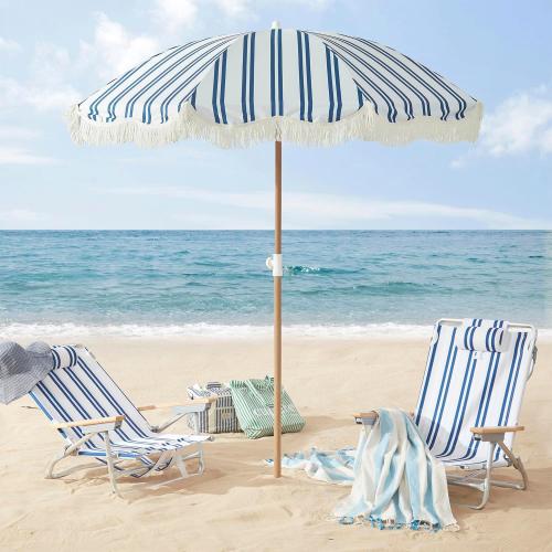 6.5FT Striped Beach Umbrella with Fringe, UPF 50  Sun Protection with Silver Coating, Adjustable Height and Tilt Design, Wind-Resistant Fiberglass Ribs, Wood Grain Iron Pole, Lightweight Design with Portable Carry Bag, Base Not Included
