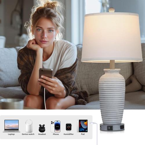 CINSARY 25 Vintage Farmhouse Jar Table Lamps, Single Rustic Bedside Lamp with USB A C Ports & AC Outlet, Nightstand Lamps for Living Room, Bedroom, End Table, Grey White(LED Bulb Included)