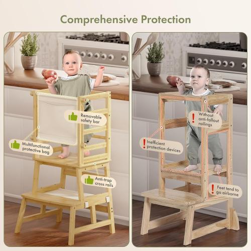 Amazer Bamboo Toddler Step Stool, Anti-Tip Toddler Kitchen Stool Helper with Push-Pull Safety Rail, Non-Slip Kids Step Stool with Safety Net, Kids Standing Tower for Bathroom Sink and Kitchen Counter
