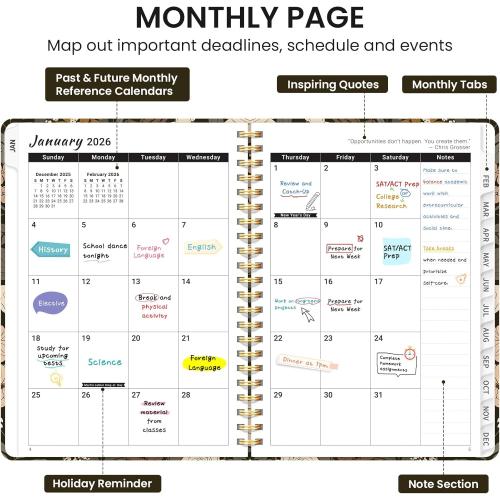 2026 Planner, Weekly and Monthly Calendar Planner for Women, Jan 2026 - Dec 2026, Hardcover Planning Agenda book with Tabs, Spiral Bound, Inner Pocket, Perfect for School Office Supplies, 6.3 x 8.5 - Wild Rose