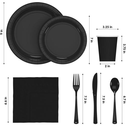 Exquisite 350 Pcs Black Paper Plates For Party, Black Disposable Plates Set, 50 Of Each 9 Dinner Plate Set, 7 Dessert Plate, Cups, Napkins & Cutlery Paper Dinnerware