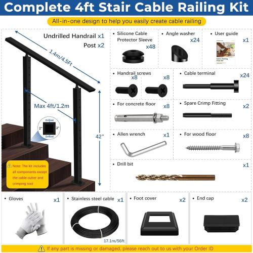 Size 2ft-4ft Color Black Complete Set 33° Drilled Cable Railing System 42 with Handrail Adjustable, T304 Stainless Steel Black Angle Cable Railing Posts Kit with 1/8 Cable Railing Hardware for 25-35° Step