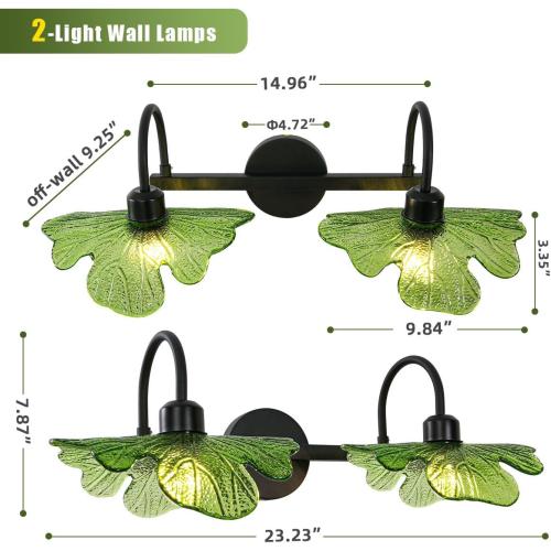 2-Light Vanity Light, Black Wall Sconce with Green Glass Shade, Vintage Bathroom Light Fixture for Over Mirror, Bedroom, Hallway, Living Room