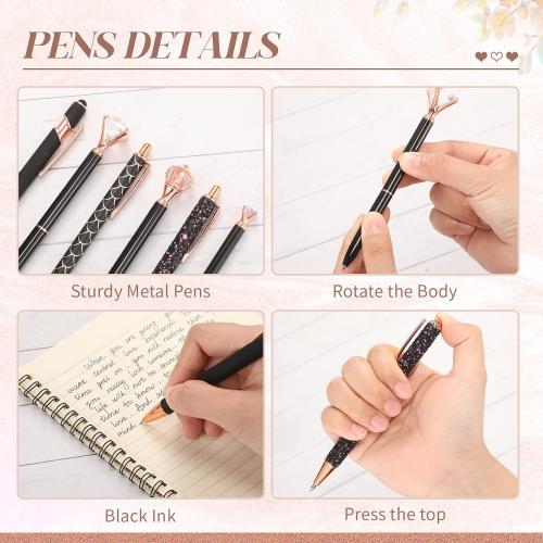 Qeeenar 6 Pcs Fancy Ballpoint Pens Glitter Metal Pens, Black