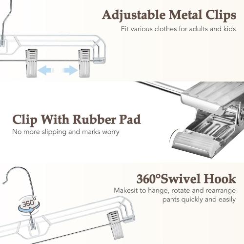 HOUSE DAY Clear Pants Hangers with Clips 25 Pack, Non-Slip Skirt Hangers for Women, Upgraded Heavy Duty Plastic Clip Hanger for Pants, Trousers, Jeans, 14 Short Hanger, 360-Rotating Swivel Hook