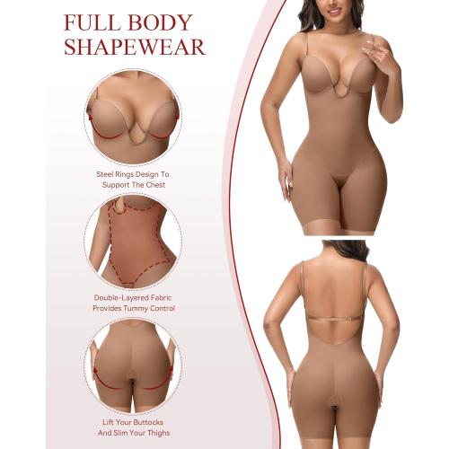 SHAPSHE Low Back Shapewear U Plunge Strapless Bodysuit for Women Tummy Control Built In Bra Thigh Slimmer Body Shaper