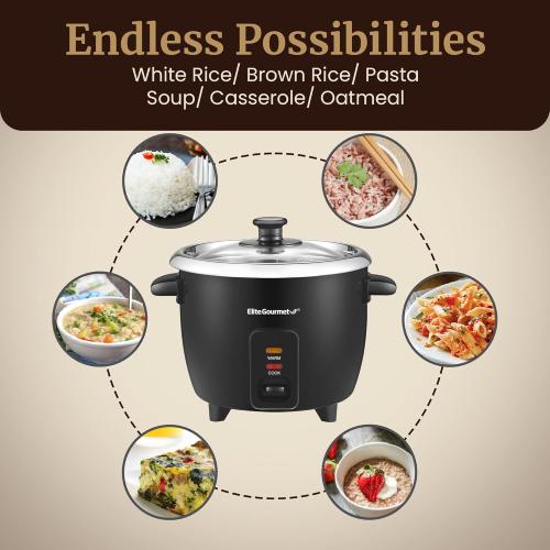 Elite Gourmet ERC006SS 6-Cup Electric Rice Cooker with Stainless Steel Inner Pot, Makes Soups, Stews, Porridges, Grains and Cereals, 6 cup (3 cups uncooked), Black