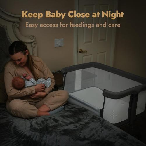 Papablic Baby Bassinet, Bedside Bassinet for Baby with Four-Sided Breathable Mesh & Soft Mattress, Adjustable Bassinet Bedside Sleeper with Storage Basket and Wheels, Easy to Assemble
