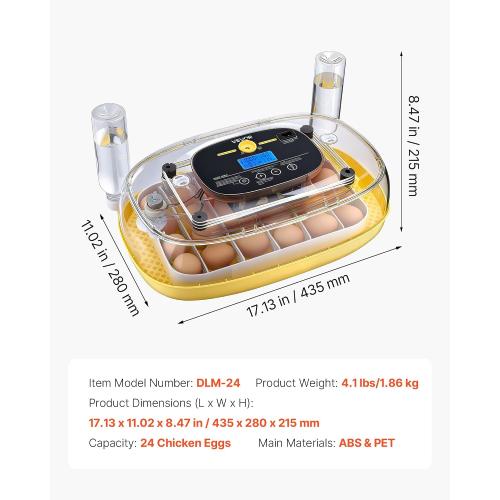 VEVOR 24 Egg Incubator, Automatic Egg Turner with LED Candler, Temperature & Humidity Control, 360° View Clear Window, Auto Water Refill, Poultry Eggs Incubators for Hatching Chicks Ducks Goose Quail