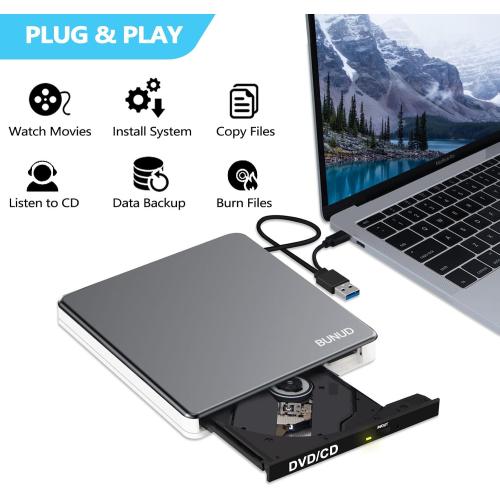 BUNUD External DVD Drive for Mac, Plug & Play Built-in USB/SD/TF Ports Grey