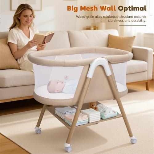 Uuoeebb Baby Bassinet, Bassinet Bedside Sleeper, Upgrade Safety Bedside Bassinet for Baby with 360° Silent Wheels, Storage Tray Basket, Breathable Mesh, Easy Move, Easy to Install,Khaki