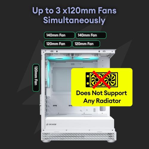 Okinos Aqua UNO Micro ATX Case, No Radiator Support, Max GPU Length 309mm, Quick-Release Panoramic Tempered Glass Front & Side, 3x120mm ARGB Fans Pre-Installed, Type-C 5Gbps, Black